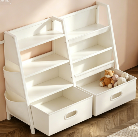 3-Tier Sling Kids Bookshelf with 2 Toy Bins, White – Bookcase and Storage Organiser for Children’s Room, Playroom, and Nursery